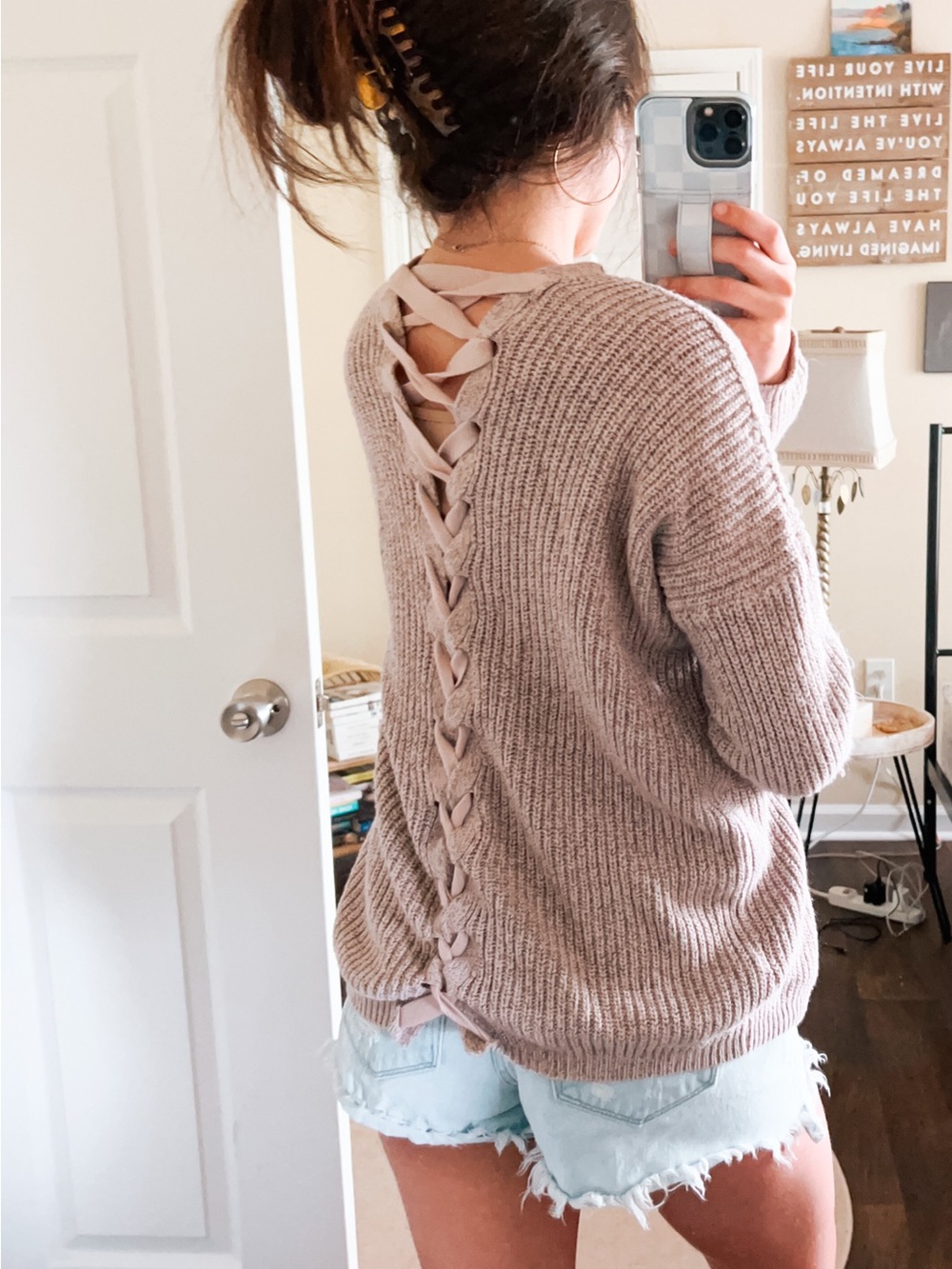 (ayla) light pink blush lace up tie back sweater knit cardigan